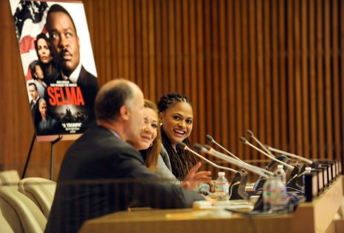 Director Ava DuVernay, right, and Maher Nasser, left, Director of the Outreach Division of the UN, speak to members of the diplomatic community and student delegates from nearby schools during a Q&A moderated by NPR host and special correspondent Michele Norris, center, following a special screening of the award-winning film Selma, Thursday, April 23, 2015 at the United Nations in New York.  Selma is now on Digital HD and will be available on Blu-ray and DVD May 5. (Photo by Diane Bondareff/Invision for Paramount Home Media Distribution)