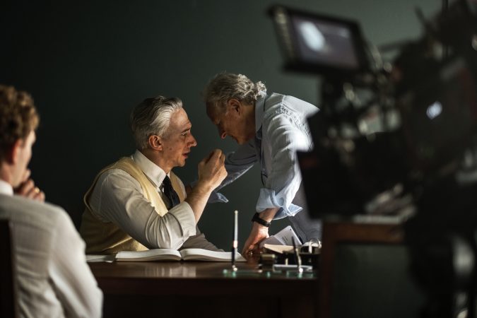 Adam Driver and Michael Mann BTS on set of FERRARI -- Photo Credit Lorenzo Sisti